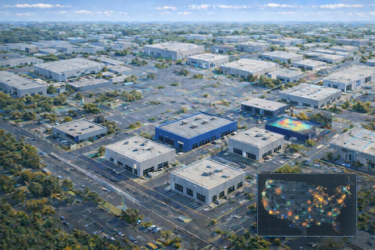 Aerial view of commercial buildings with AI-powered condition analysis overlay